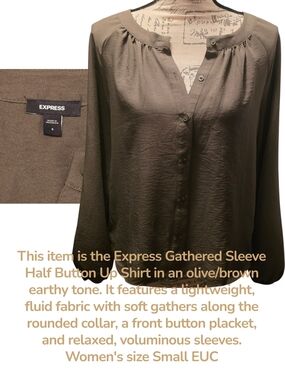 Express Women's Olive Brown Gathered Sleeve Button-Up Top Blouse L/S SMALL EUC